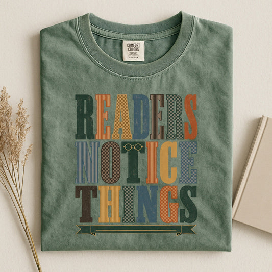 Readers Notice Things bookish tee in Moss, flat lay