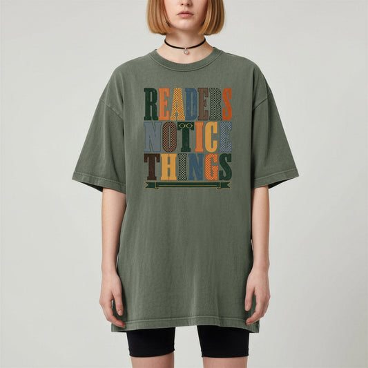 Readers Notice Things bookish tee in Moss, worn