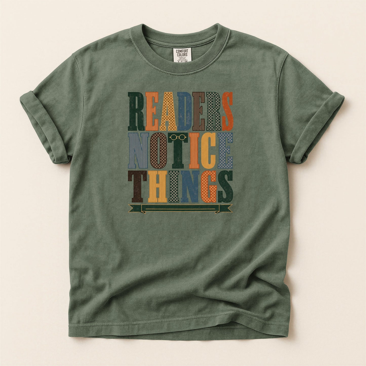 Readers Notice Things bookish tee in Moss, full flat
