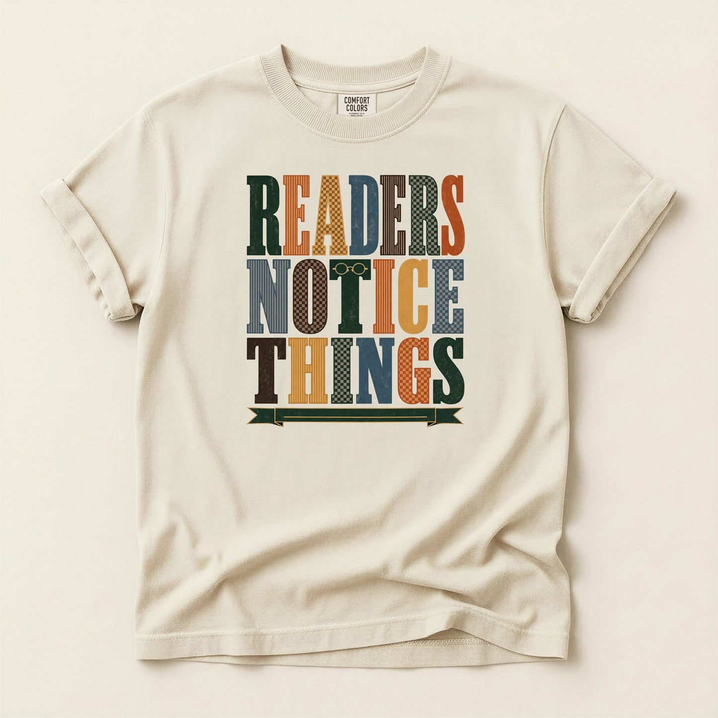 Readers Notice Things bookish tee in Ivory, full flat