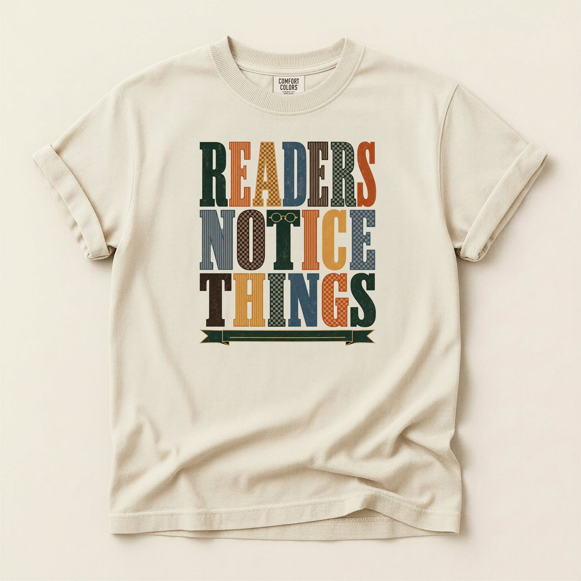 Readers Notice Things bookish tee in Ivory, full flat