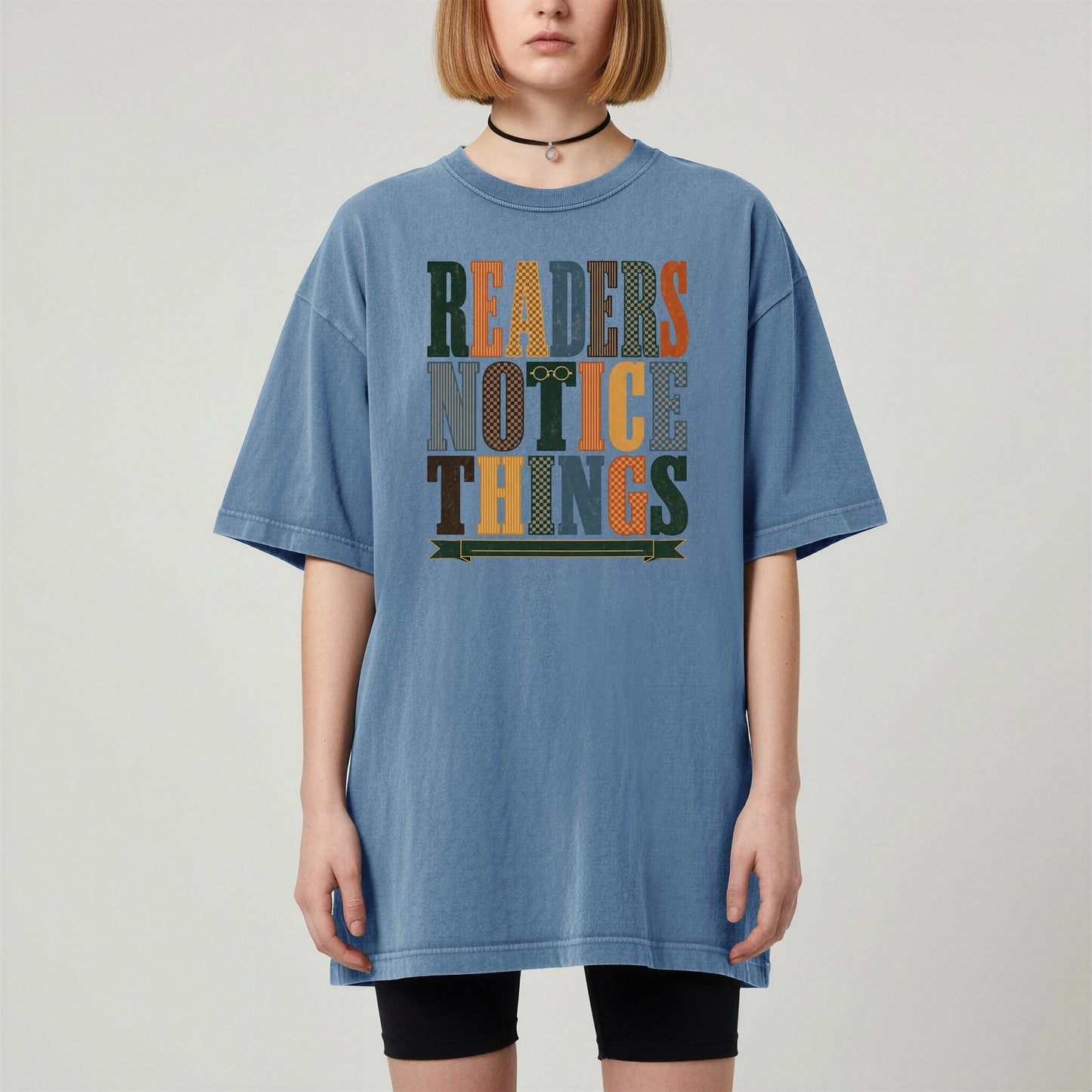 Readers Notice Things bookish tee in Blue Jean, worn