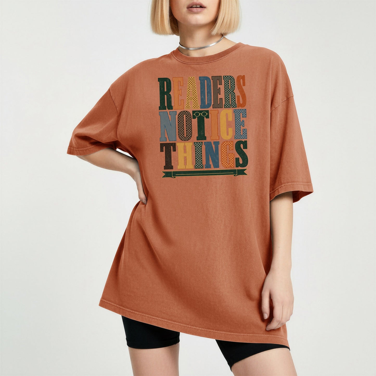 Readers Notice Things bookish tee in Yam, worn