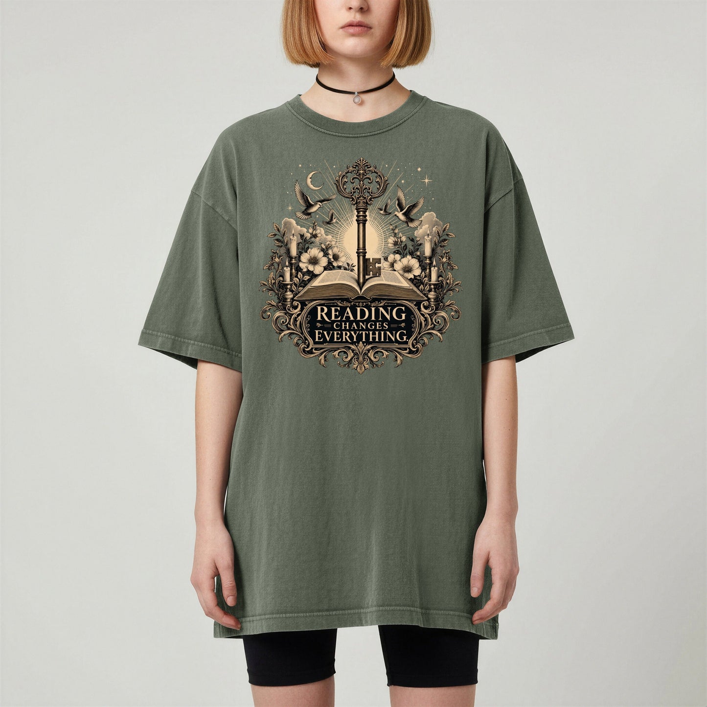 Reading Changes Everything bookish tee in Moss, worn