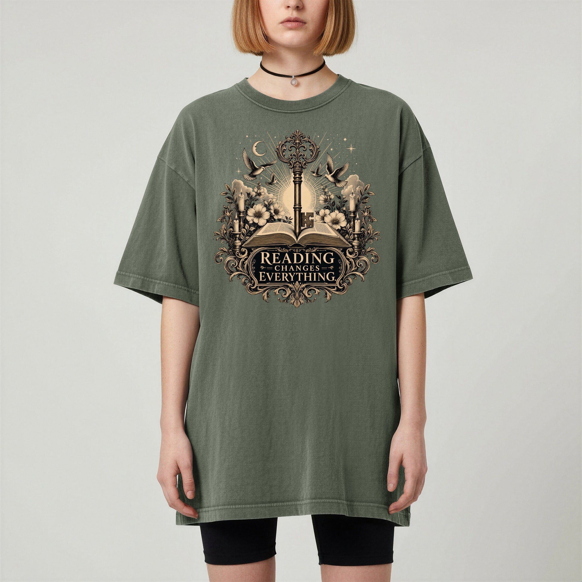 Reading Changes Everything bookish tee in Moss, worn