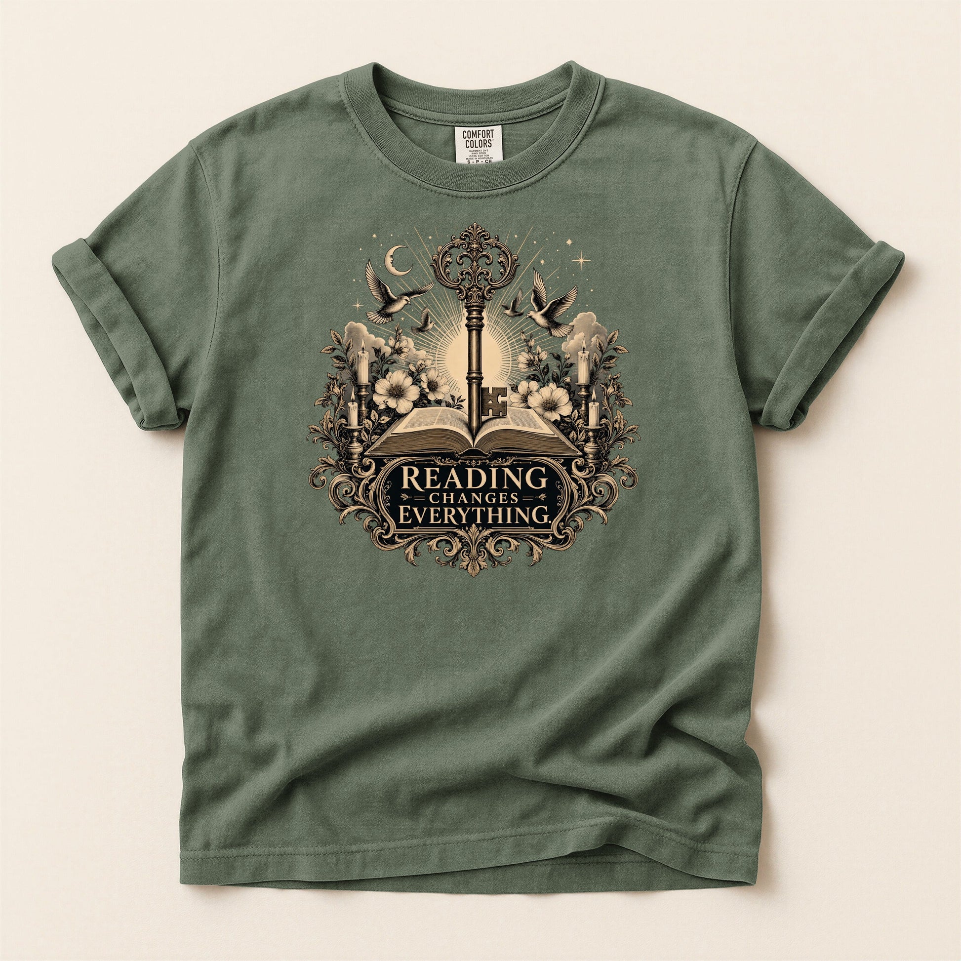 Reading Changes Everything bookish tee in Moss, full flat