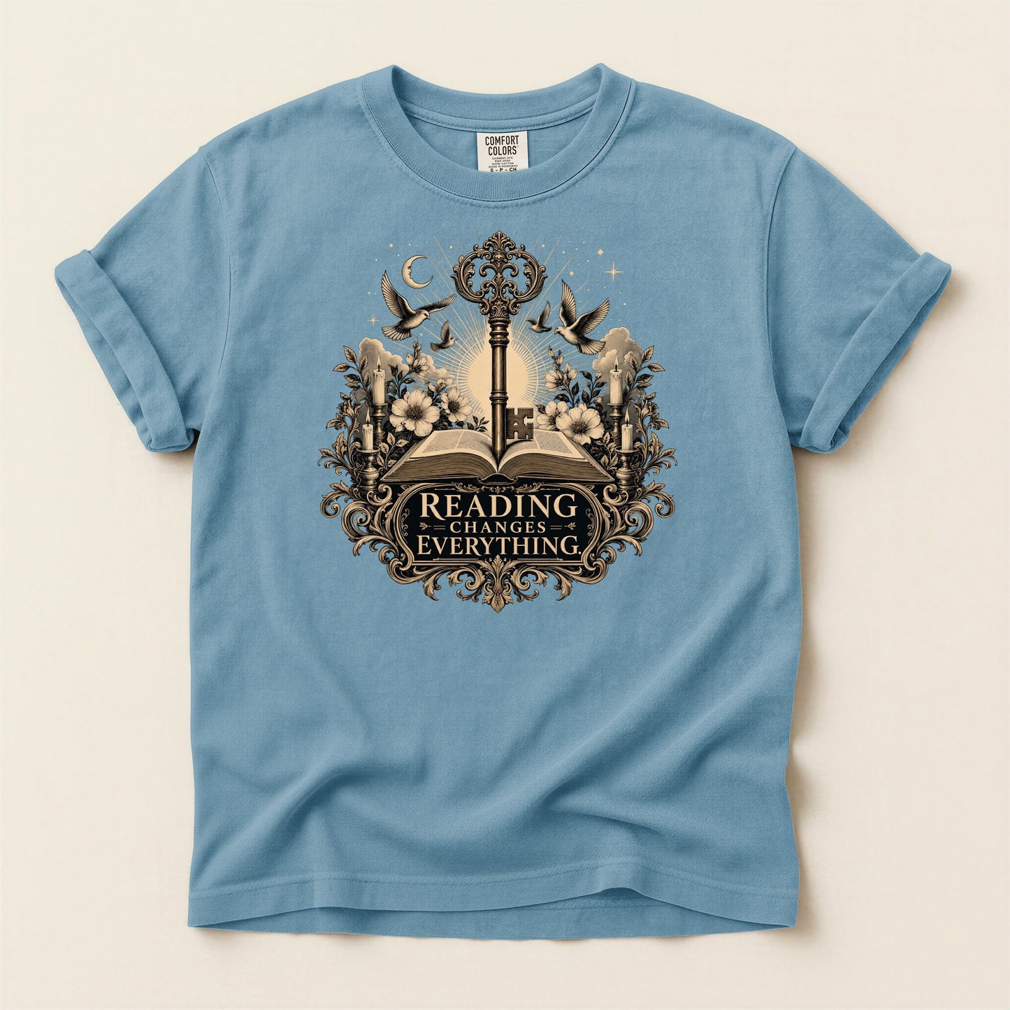 Reading Changes Everything bookish tee in Ice Blue, full flat