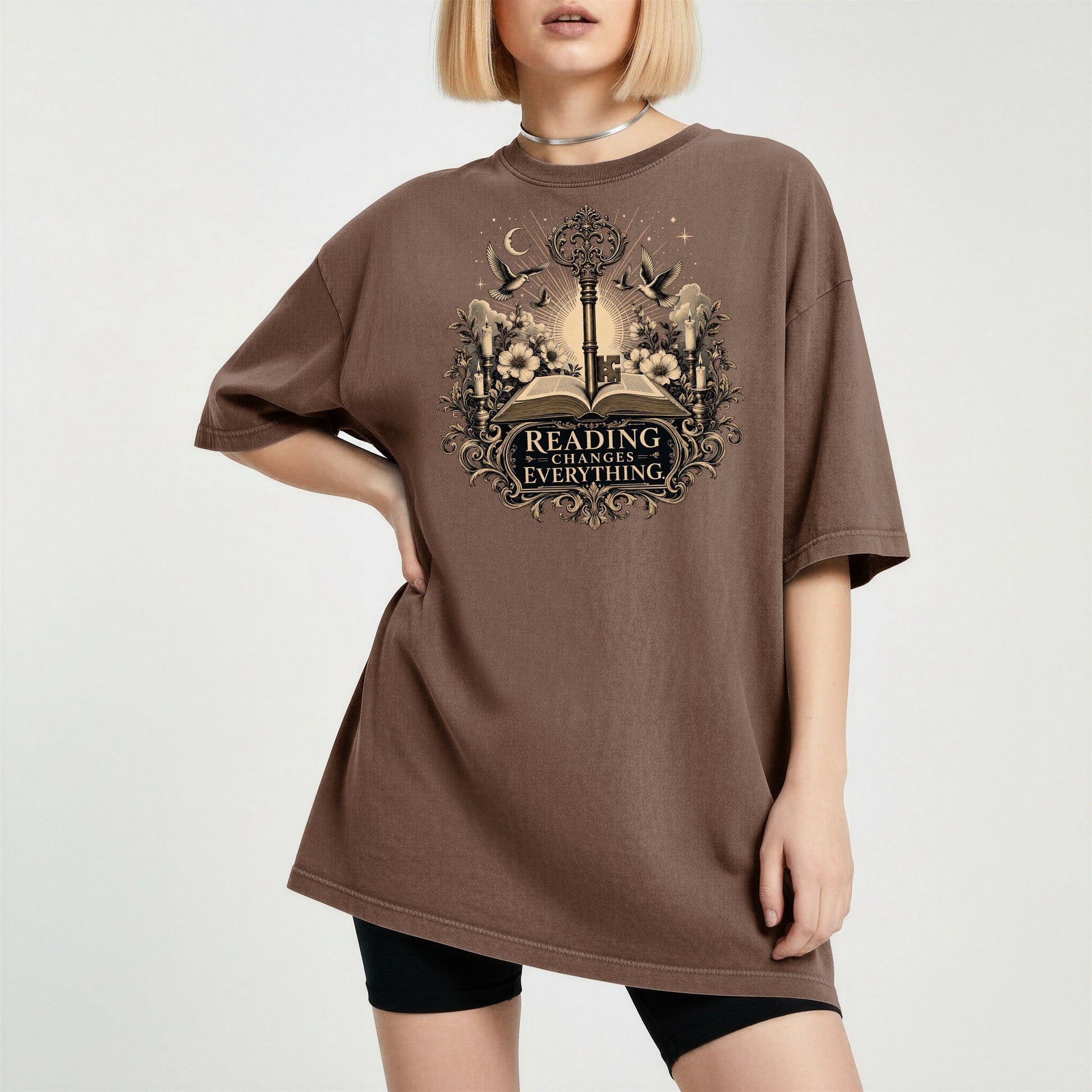 Reading Changes Everything bookish tee in Espresso, worn