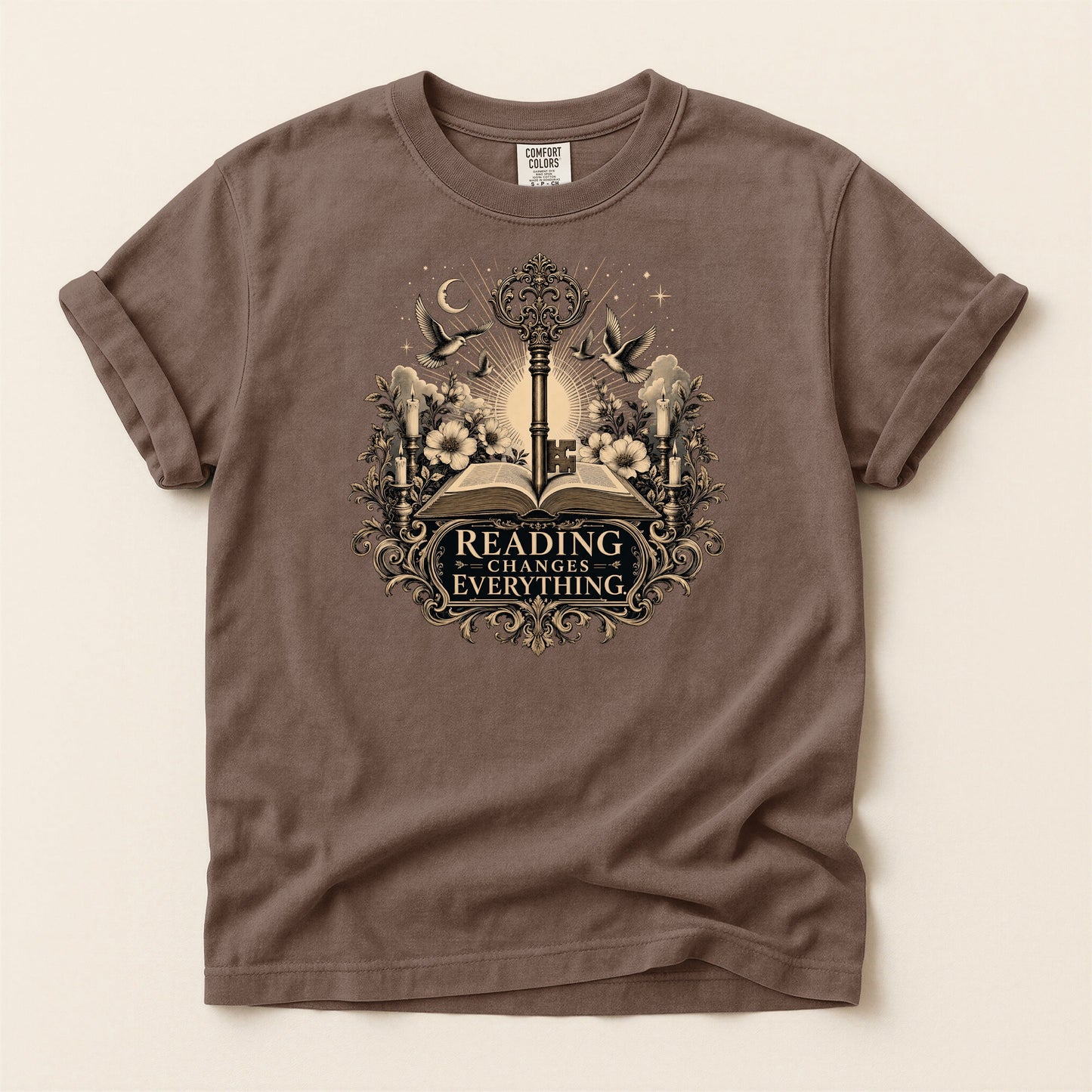 Reading Changes Everything bookish tee in Espresso, full flat