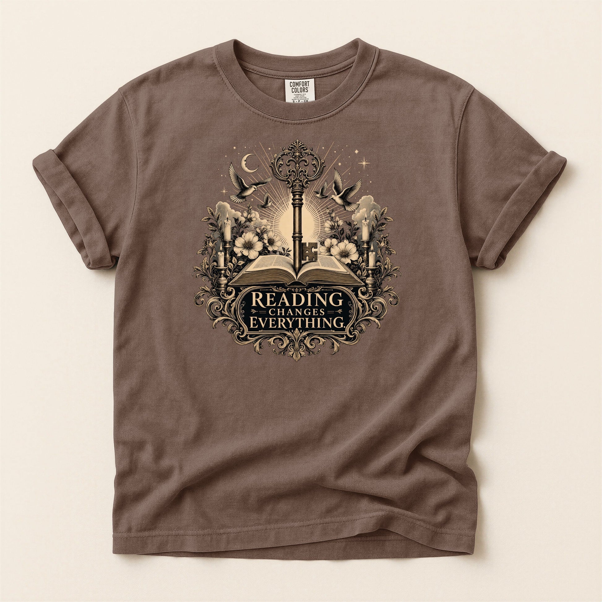 Reading Changes Everything bookish tee in Espresso, full flat
