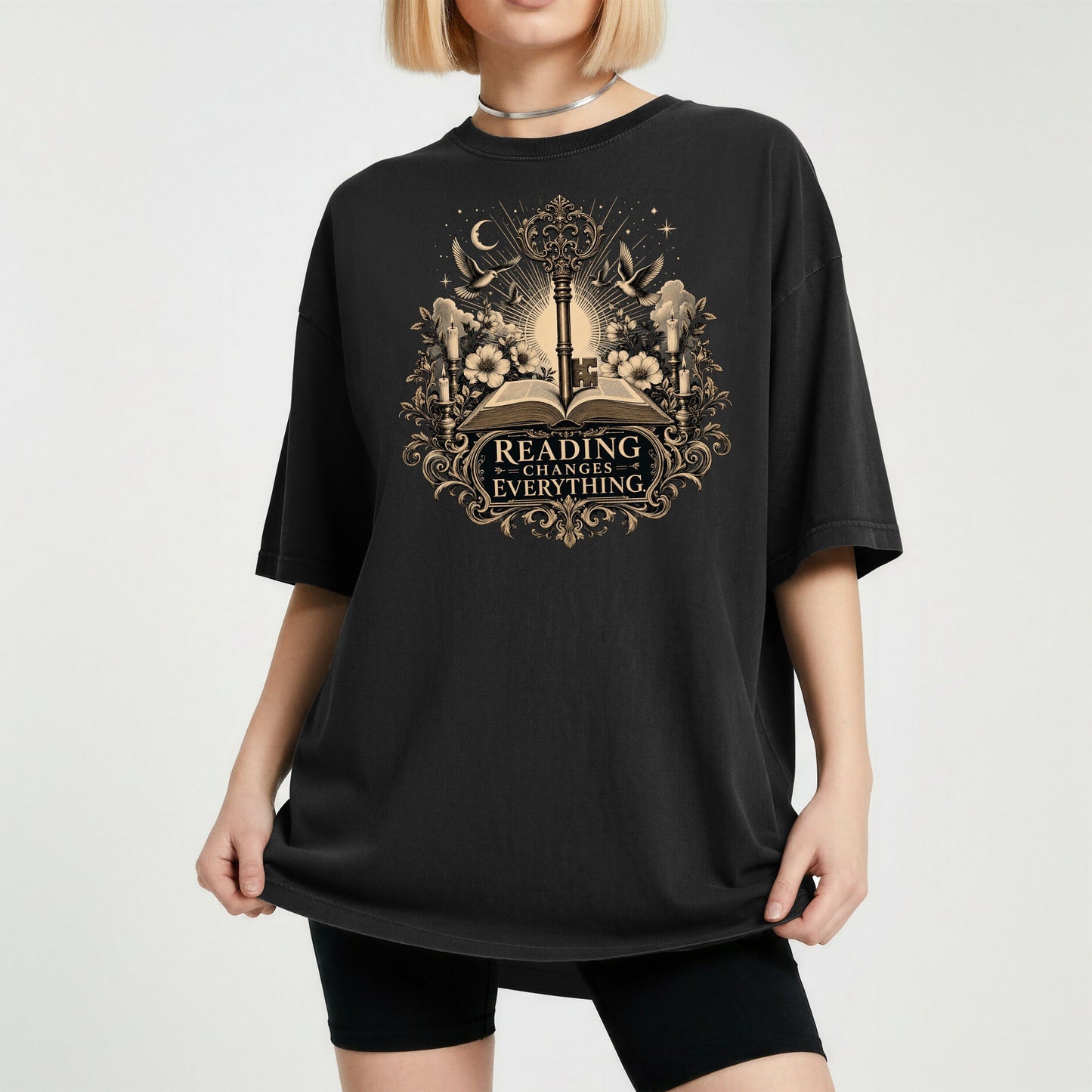 Reading Changes Everything bookish tee in Black, worn
