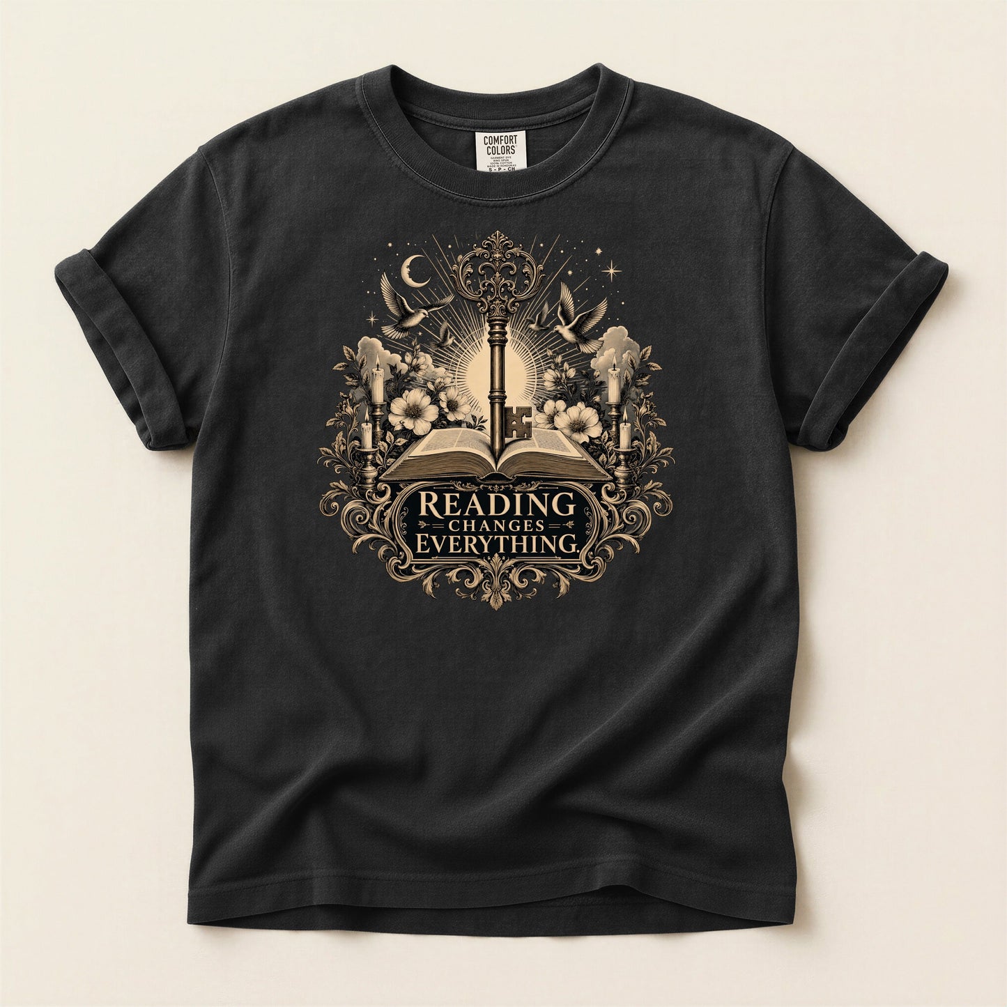 Reading Changes Everything bookish tee in Black, full flat