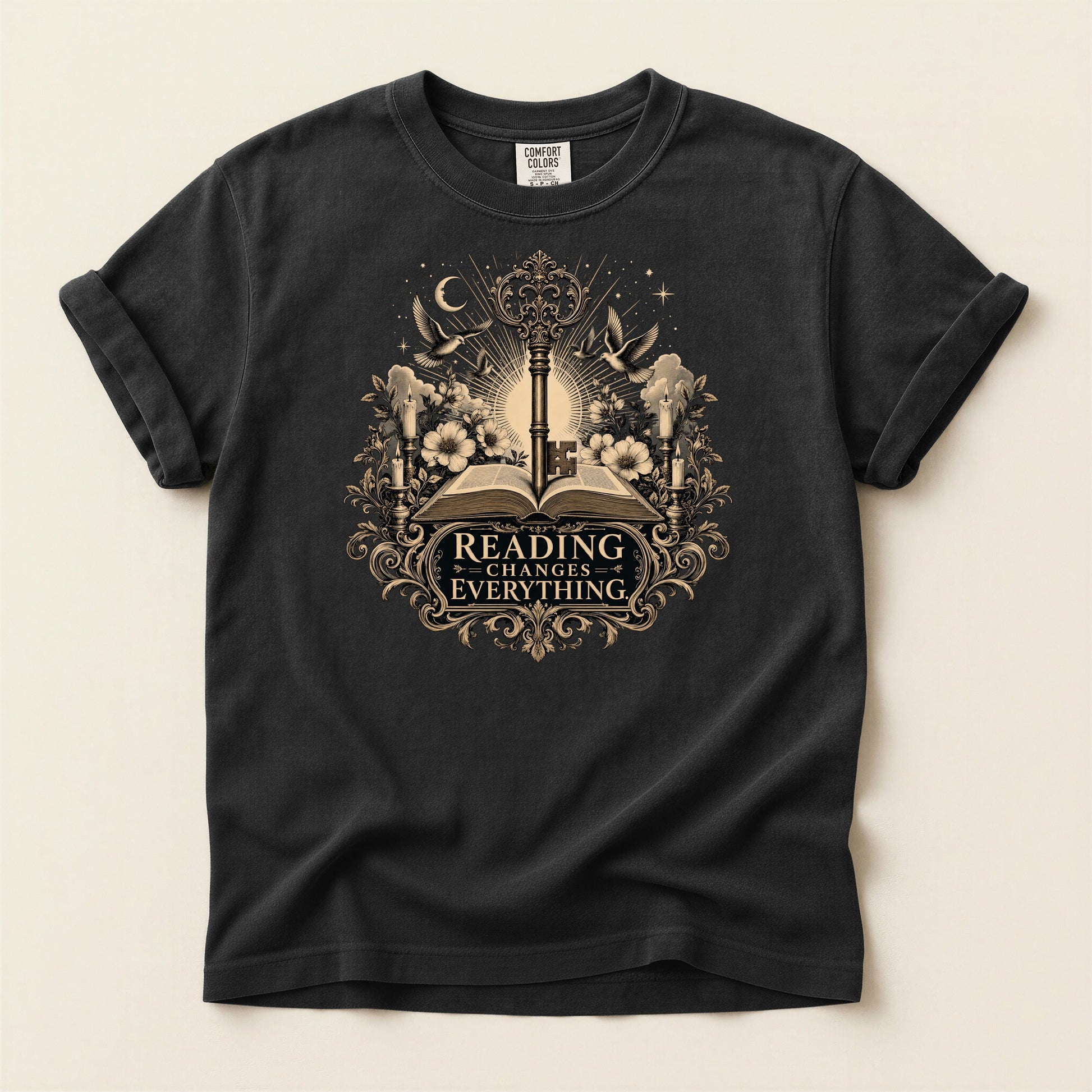 Reading Changes Everything bookish tee in Black, full flat