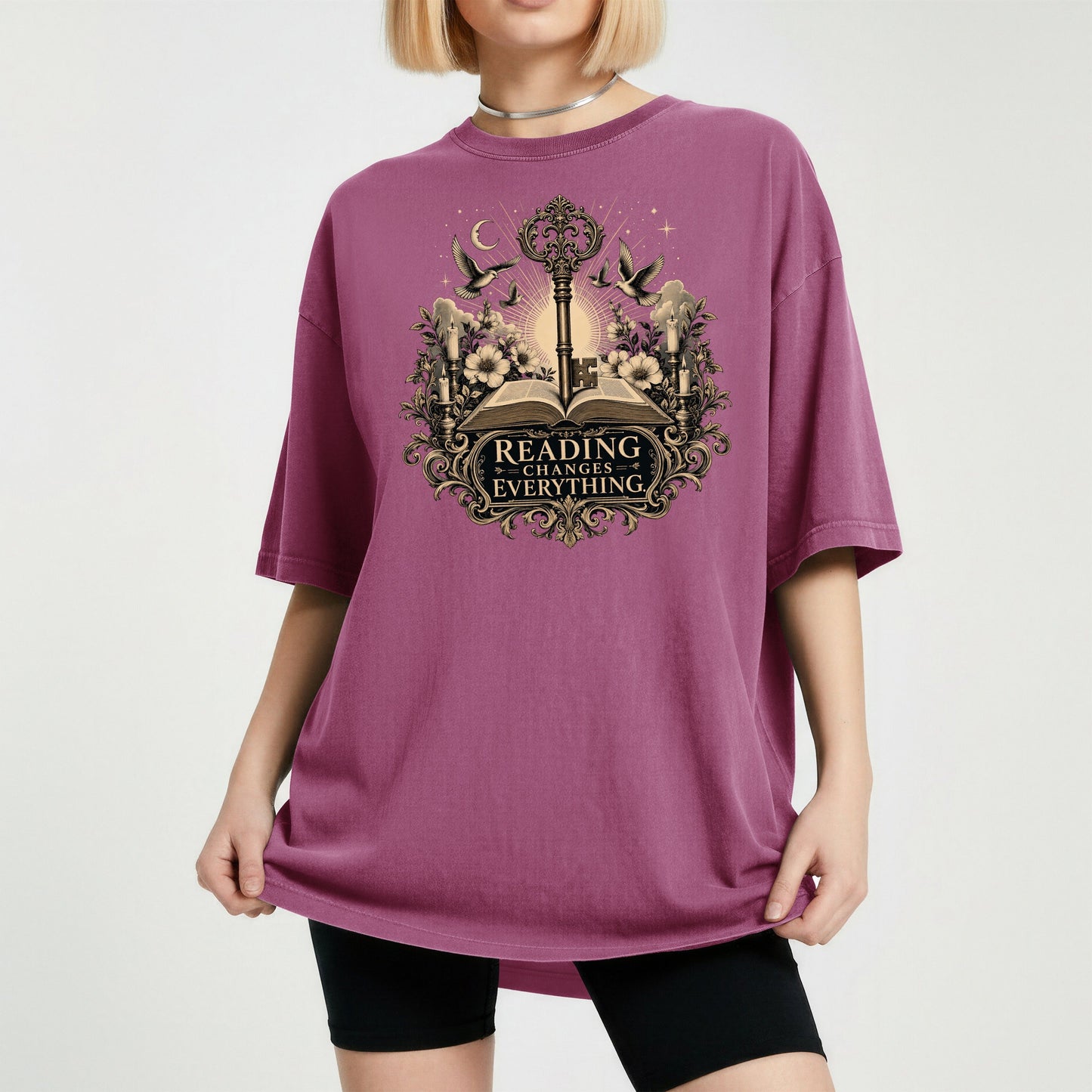 Reading Changes Everything bookish tee in Berry, worn