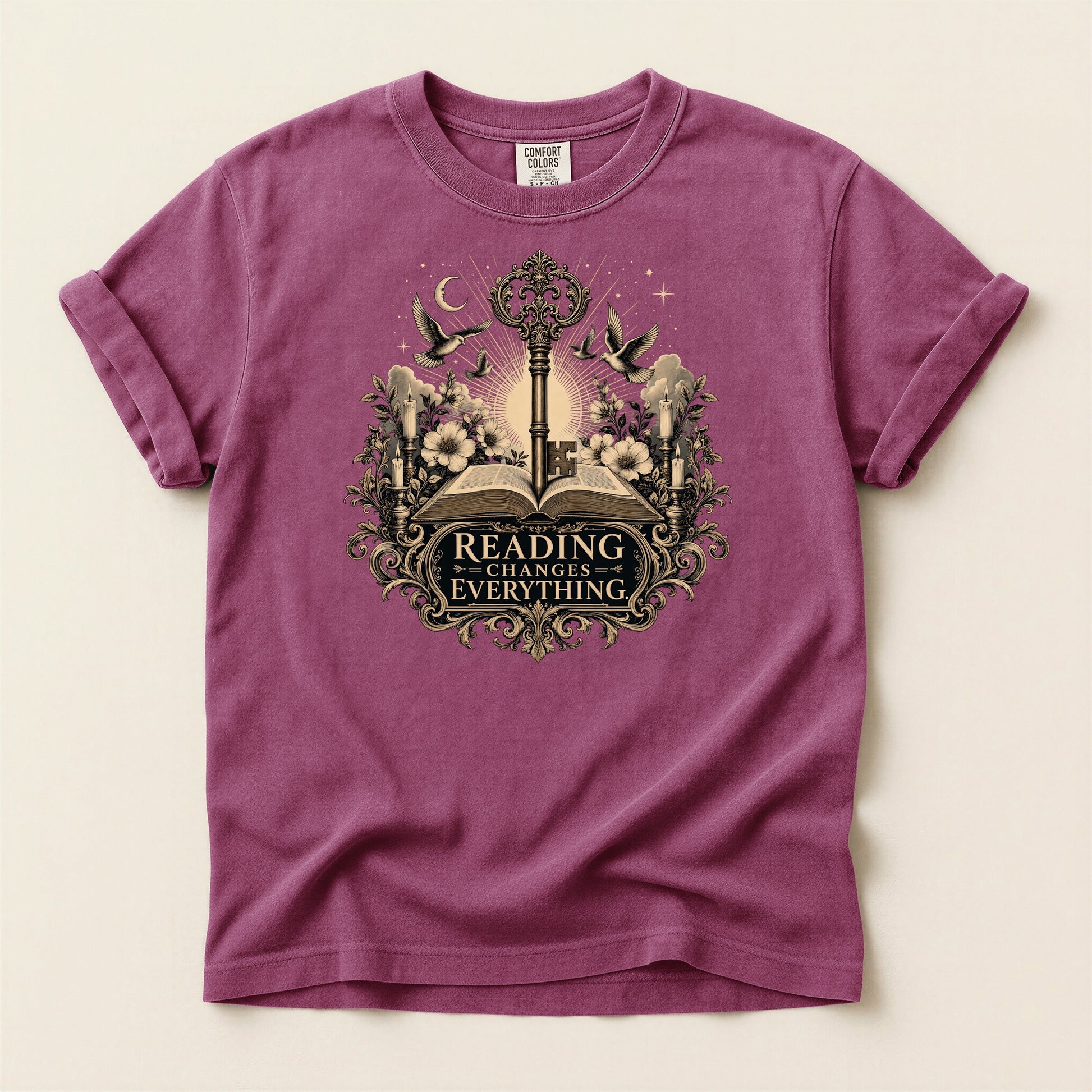 Reading Changes Everything bookish tee in Berry, full flat