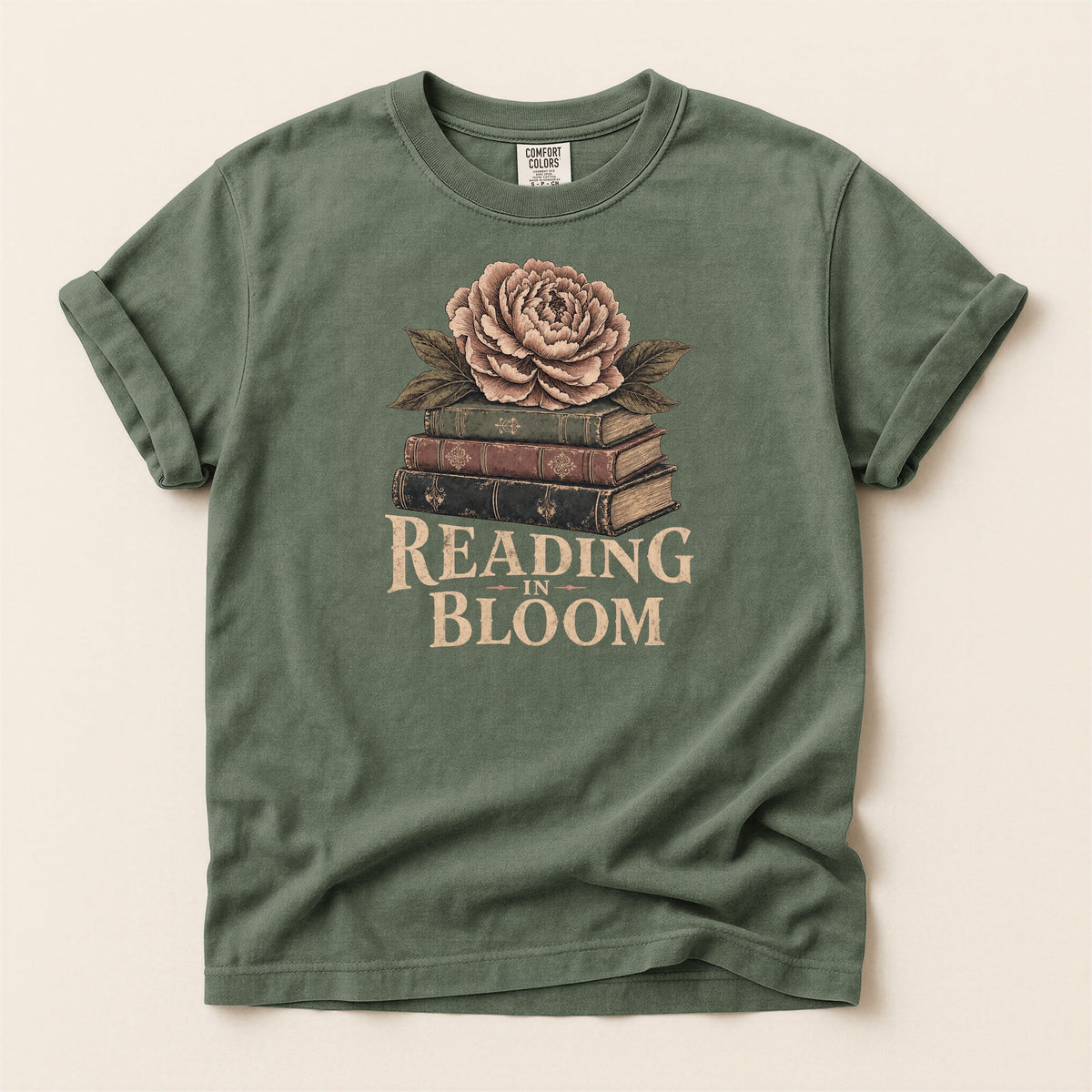 Shelf Love Studio Reading in Bloom t-shirt in Moss, flat