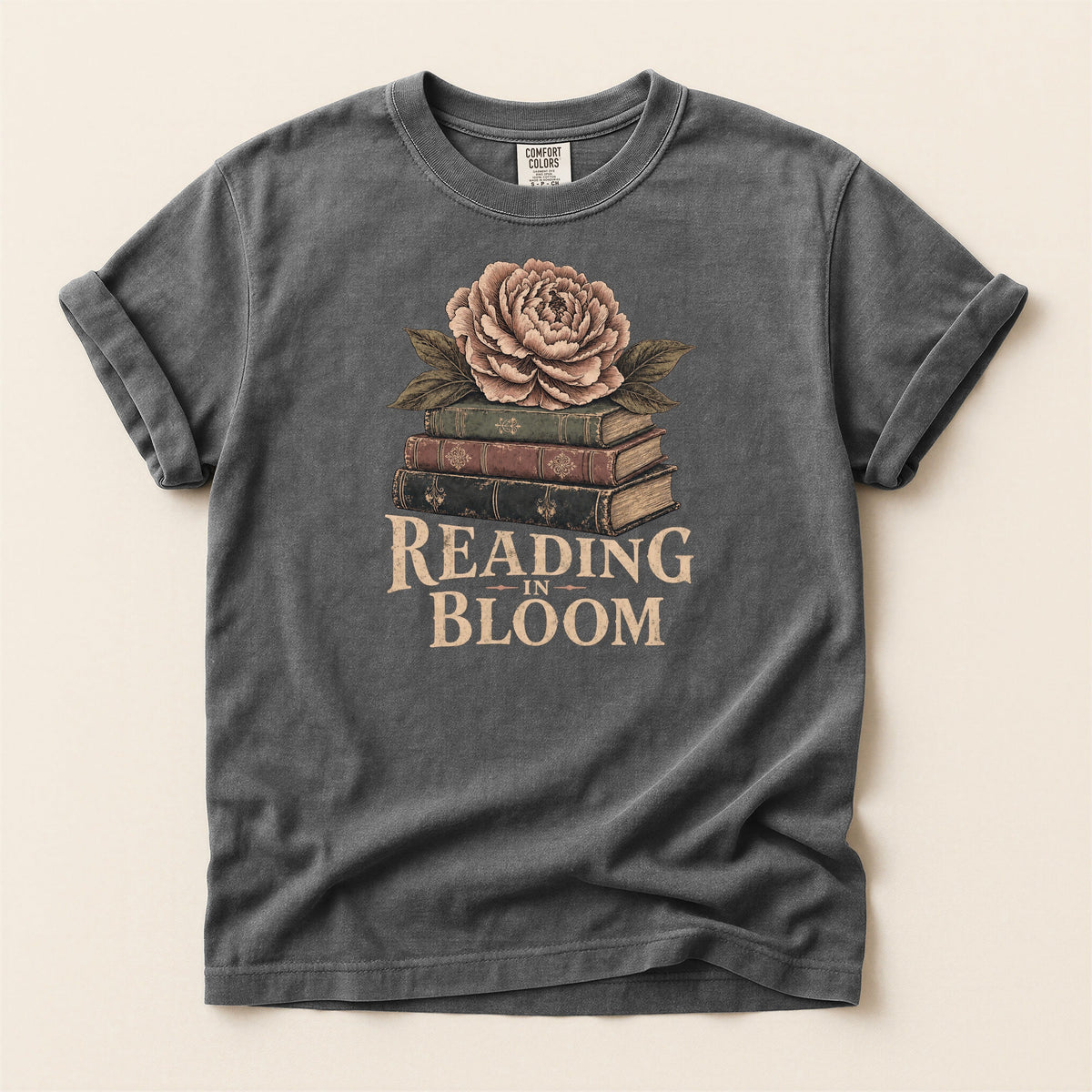 Shelf Love Studio Reading in Bloom t-shirt in Pepper, flat