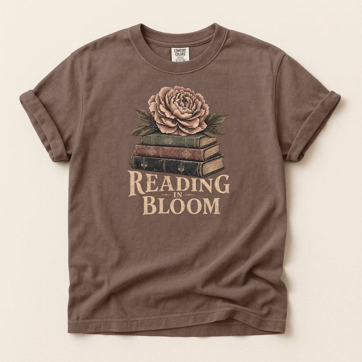 Shelf Love Studio Reading in Bloom t-shirt in Espresso, flat