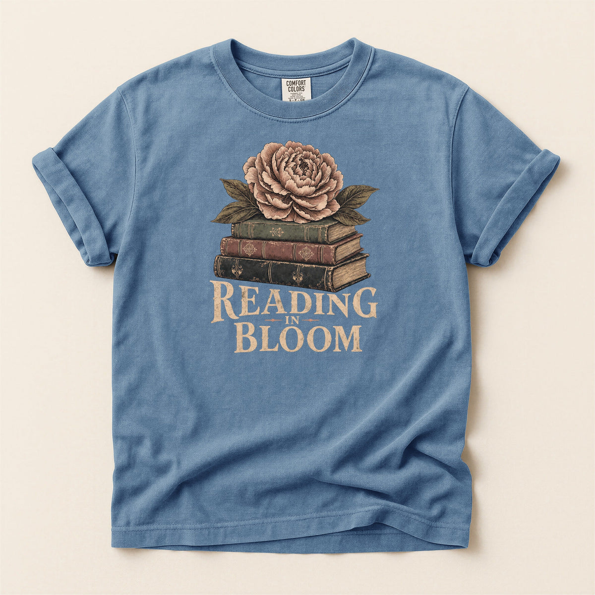 Shelf Love Studio Reading in Bloom t-shirt in Blue Jean, flat