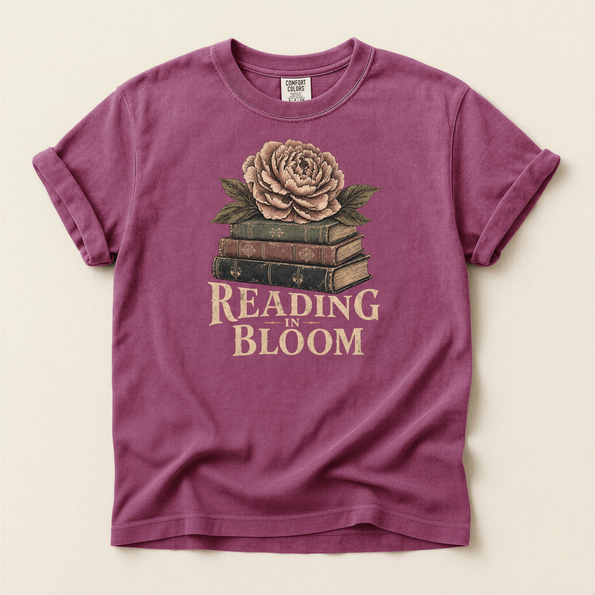 Shelf Love Studio Reading in Bloom t-shirt in Berry, flat