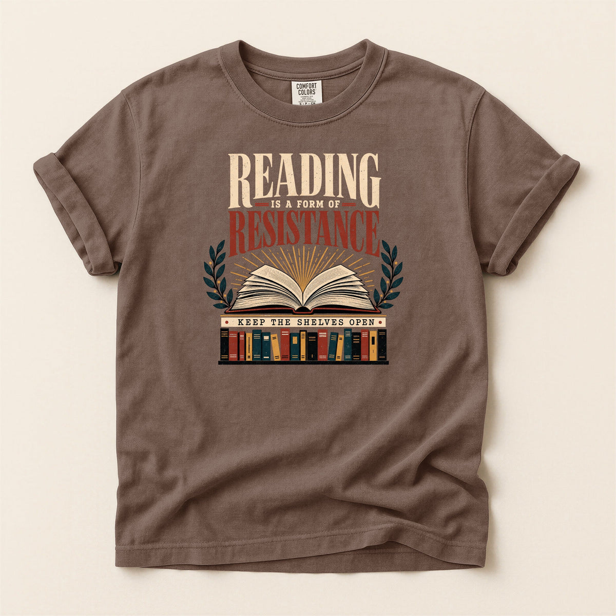 Shelf Love Studio Reading Is a Form of Resistance t-shirt in Espresso, flat