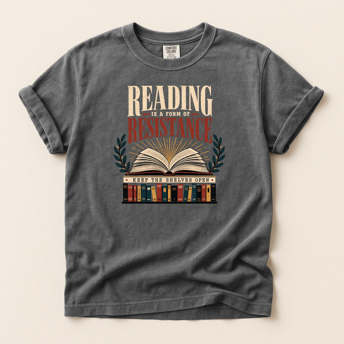 Shelf Love Studio Reading Is a Form of Resistance t-shirt in Pepper, flat