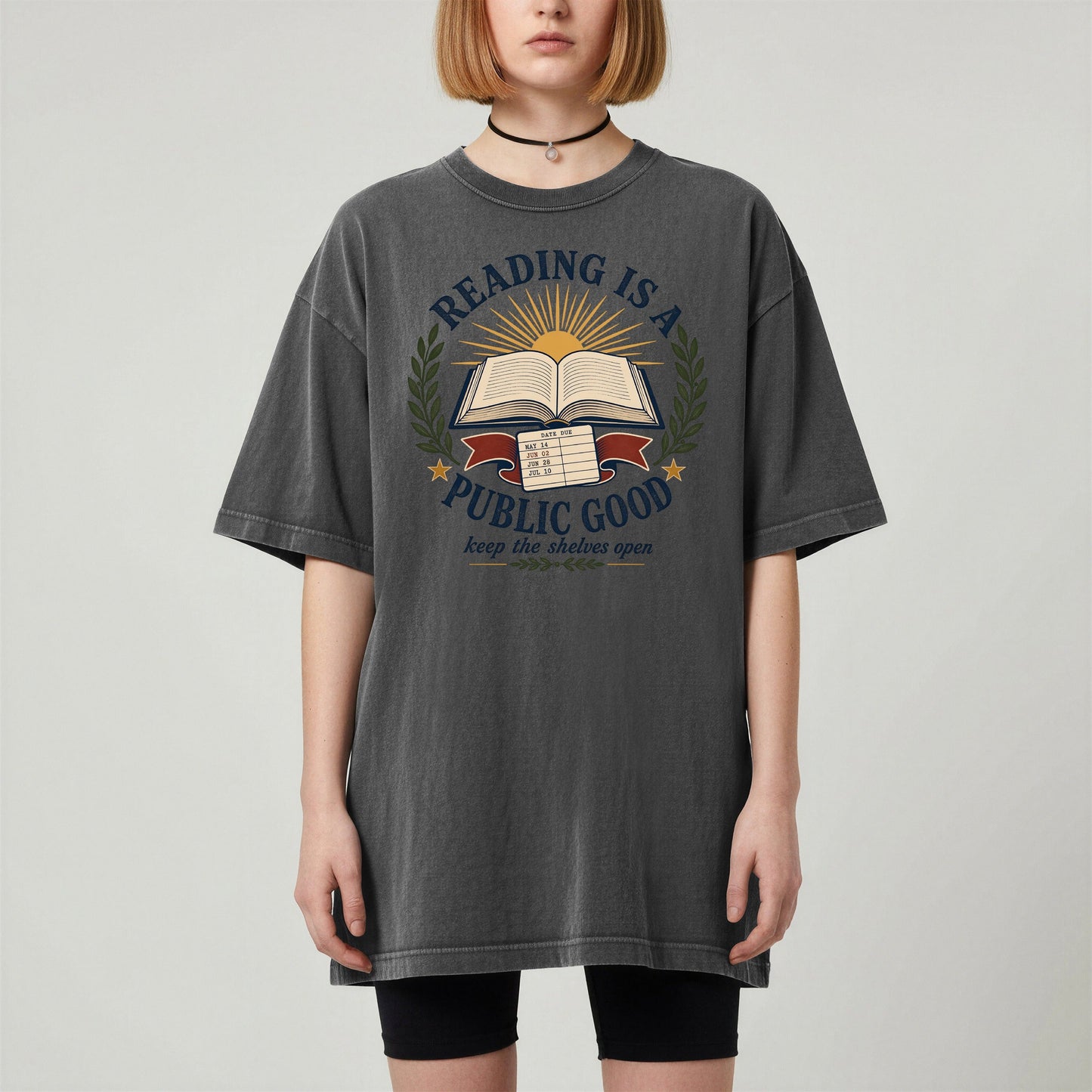 Reading Is a Public Good bookish tee in Pepper, worn
