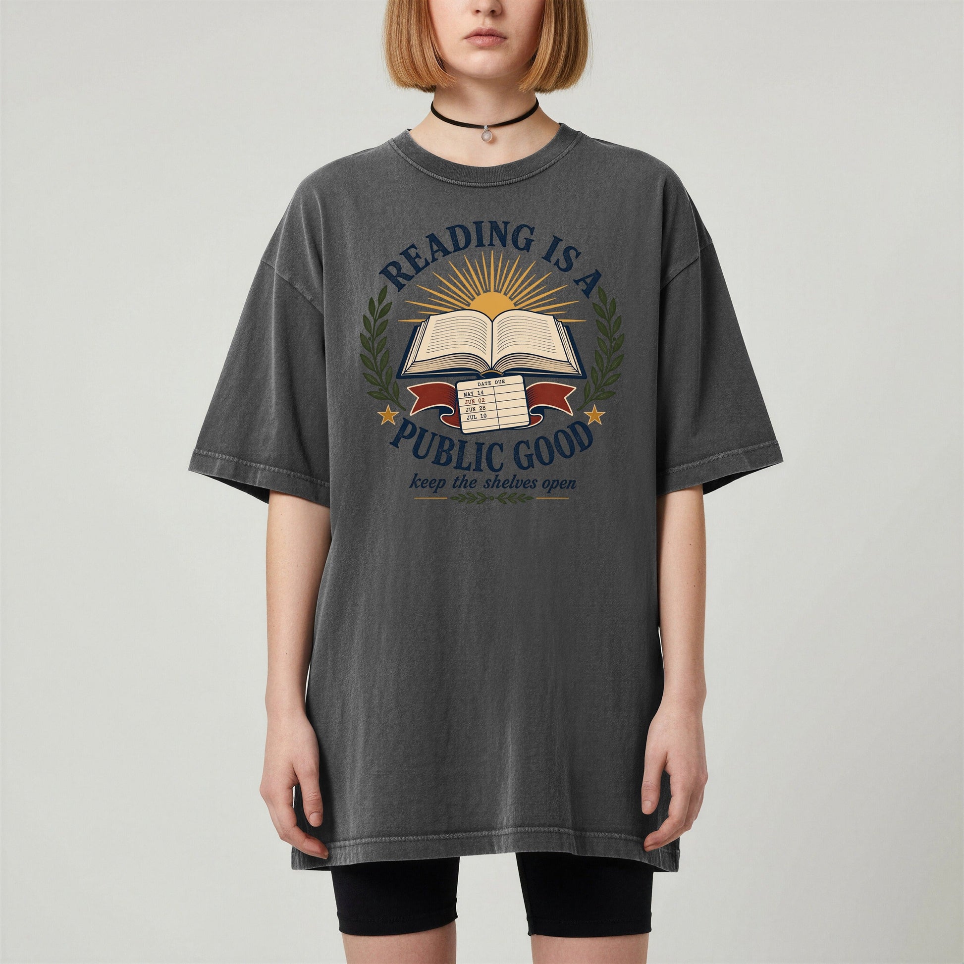 Reading Is a Public Good bookish tee in Pepper, worn