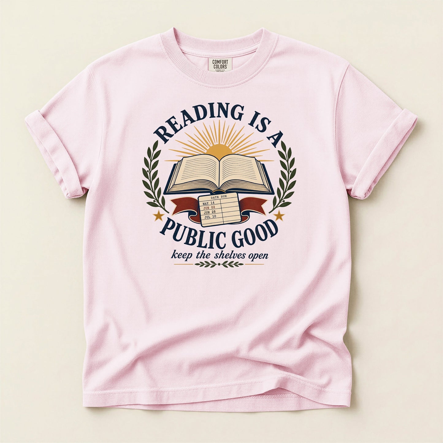 Reading Is a Public Good bookish tee in Blossom, full flat