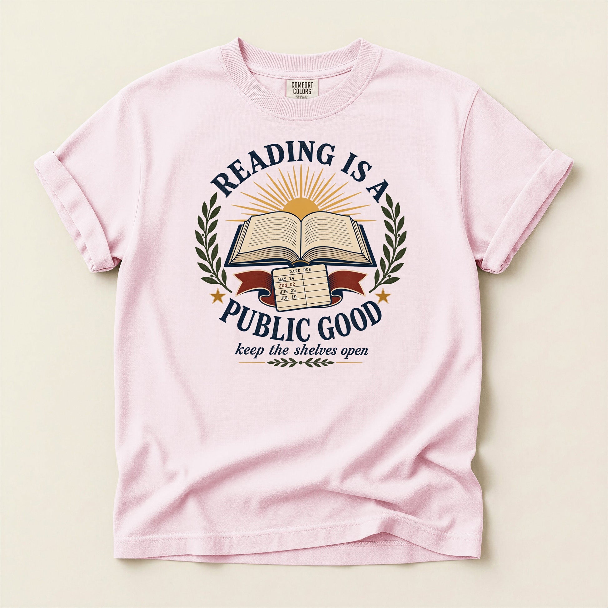 Reading Is a Public Good bookish tee in Blossom, full flat