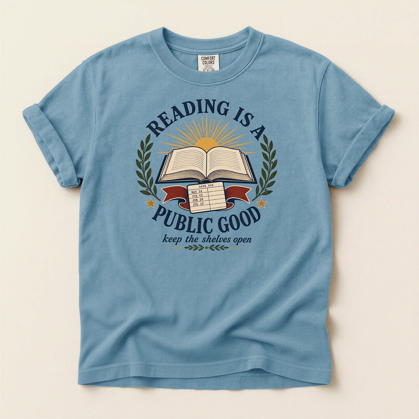 Reading Is a Public Good bookish tee in Ice Blue, full flat