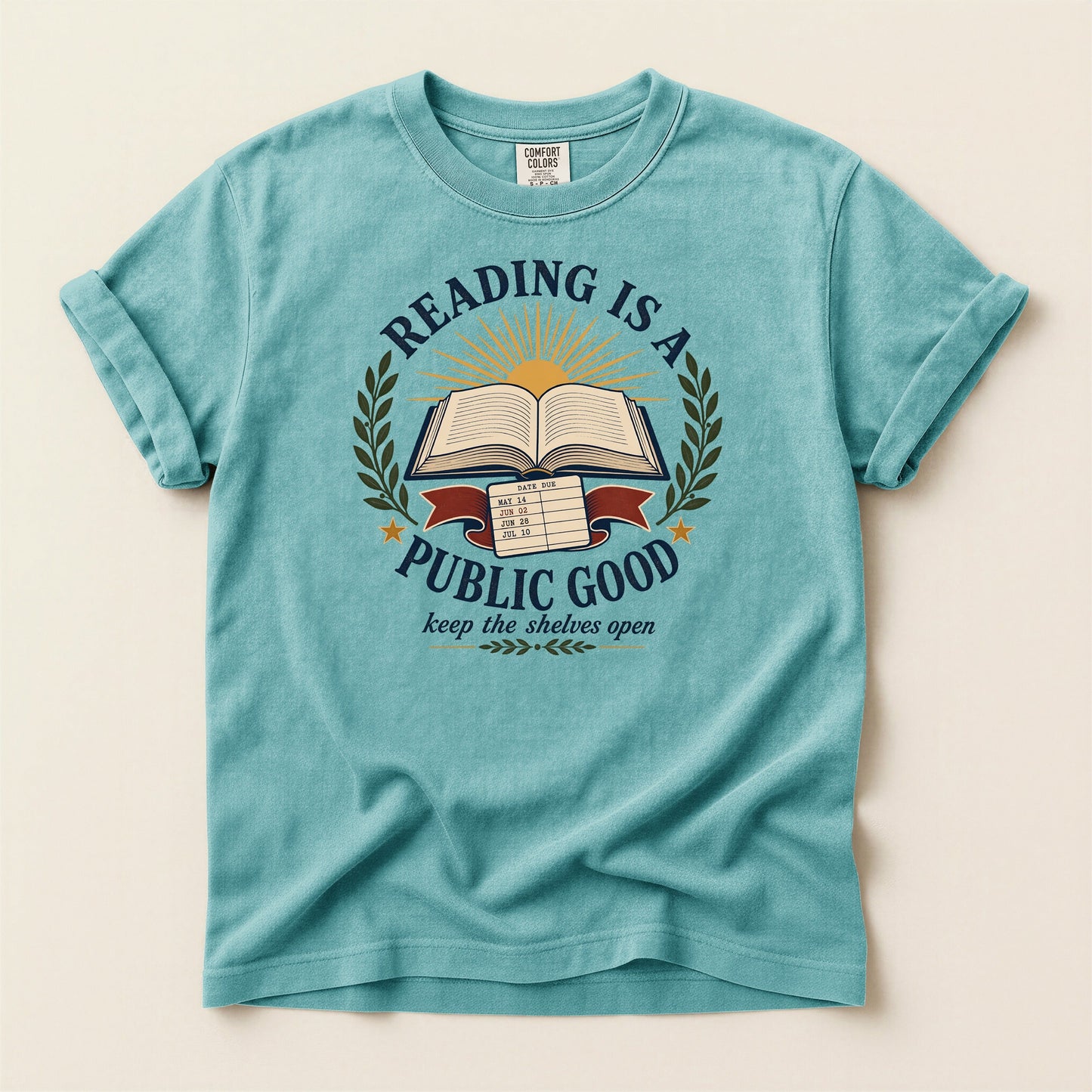 Reading Is a Public Good bookish tee in Seafoam, full flat