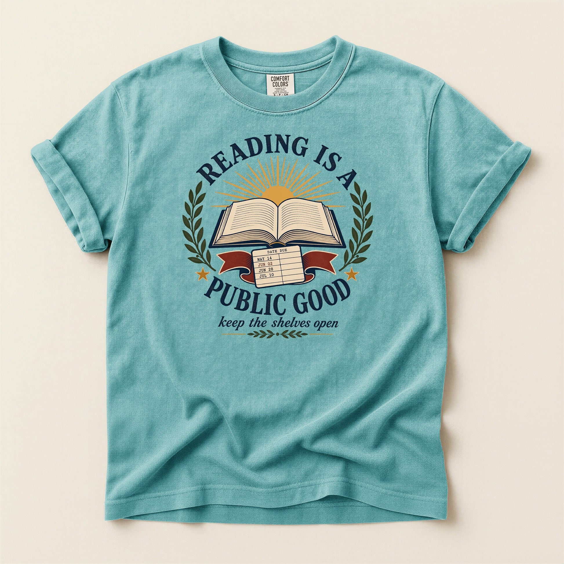 Reading Is a Public Good bookish tee in Seafoam, full flat