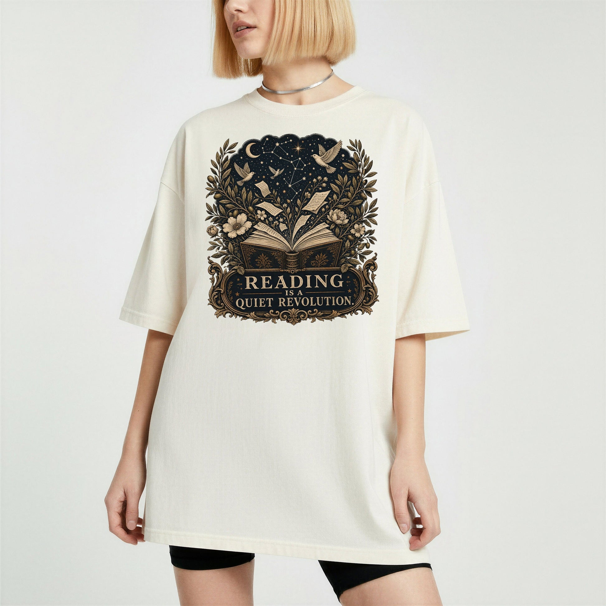 Reading Is a Quiet Revolution bookish tee in Ivory, worn