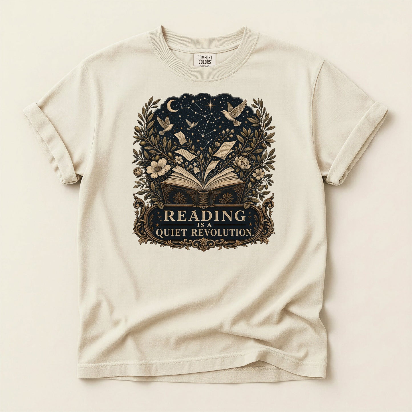 Reading Is a Quiet Revolution bookish tee in Ivory, full flat