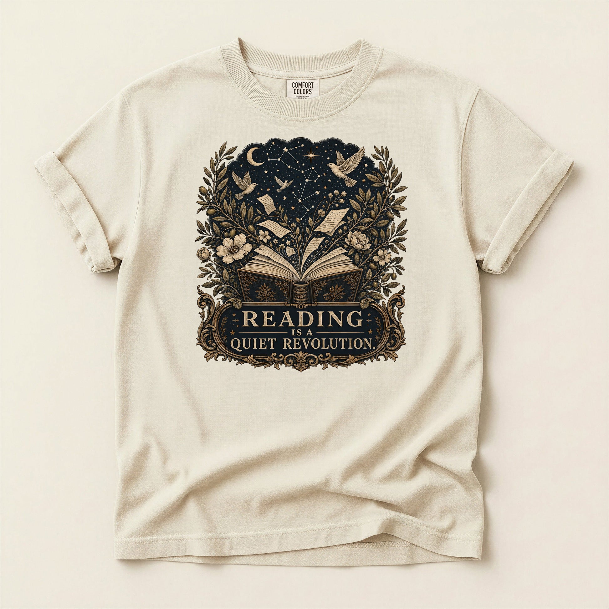 Reading Is a Quiet Revolution bookish tee in Ivory, full flat