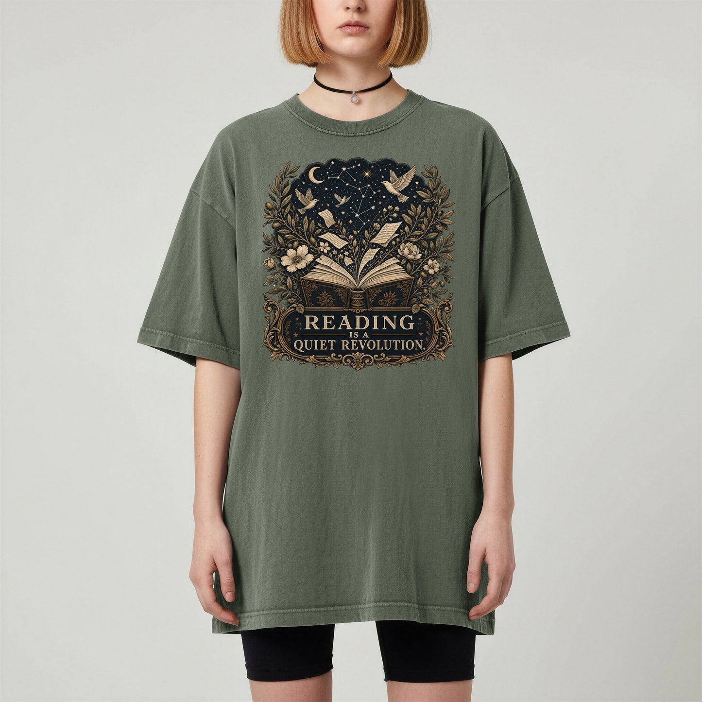 Reading Is a Quiet Revolution bookish tee in Moss, worn