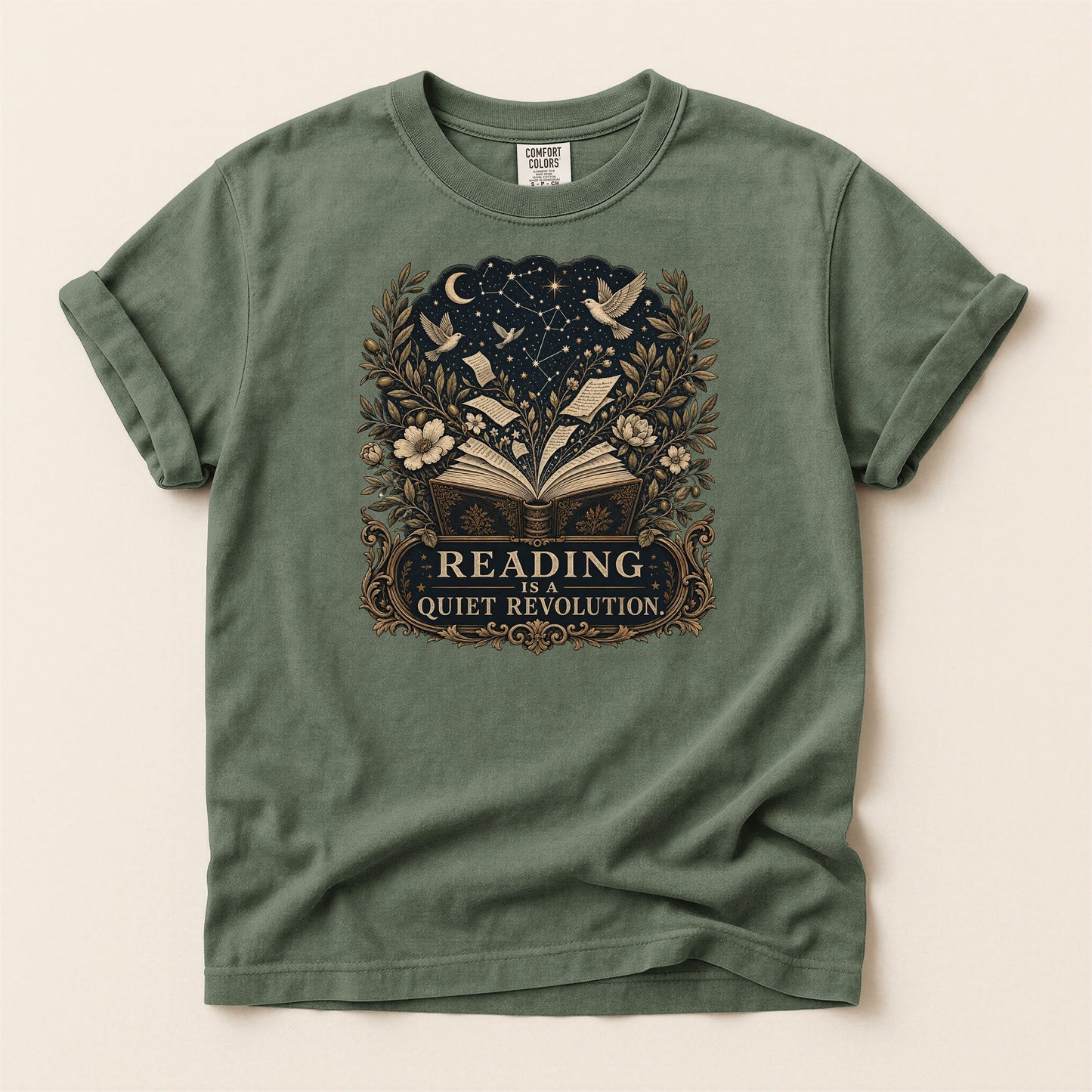 Reading Is a Quiet Revolution bookish tee in Moss, full flat