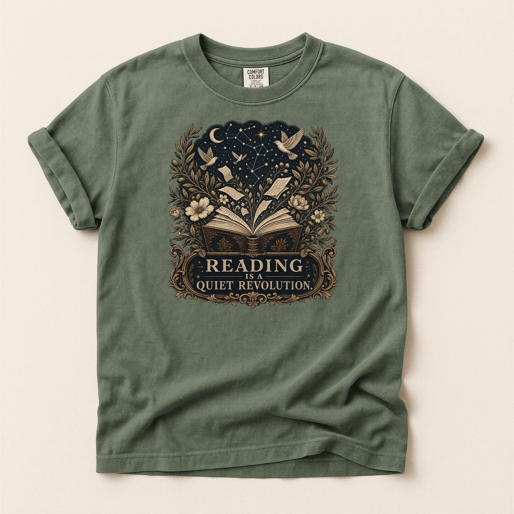 Reading Is a Quiet Revolution bookish tee in Moss, full flat