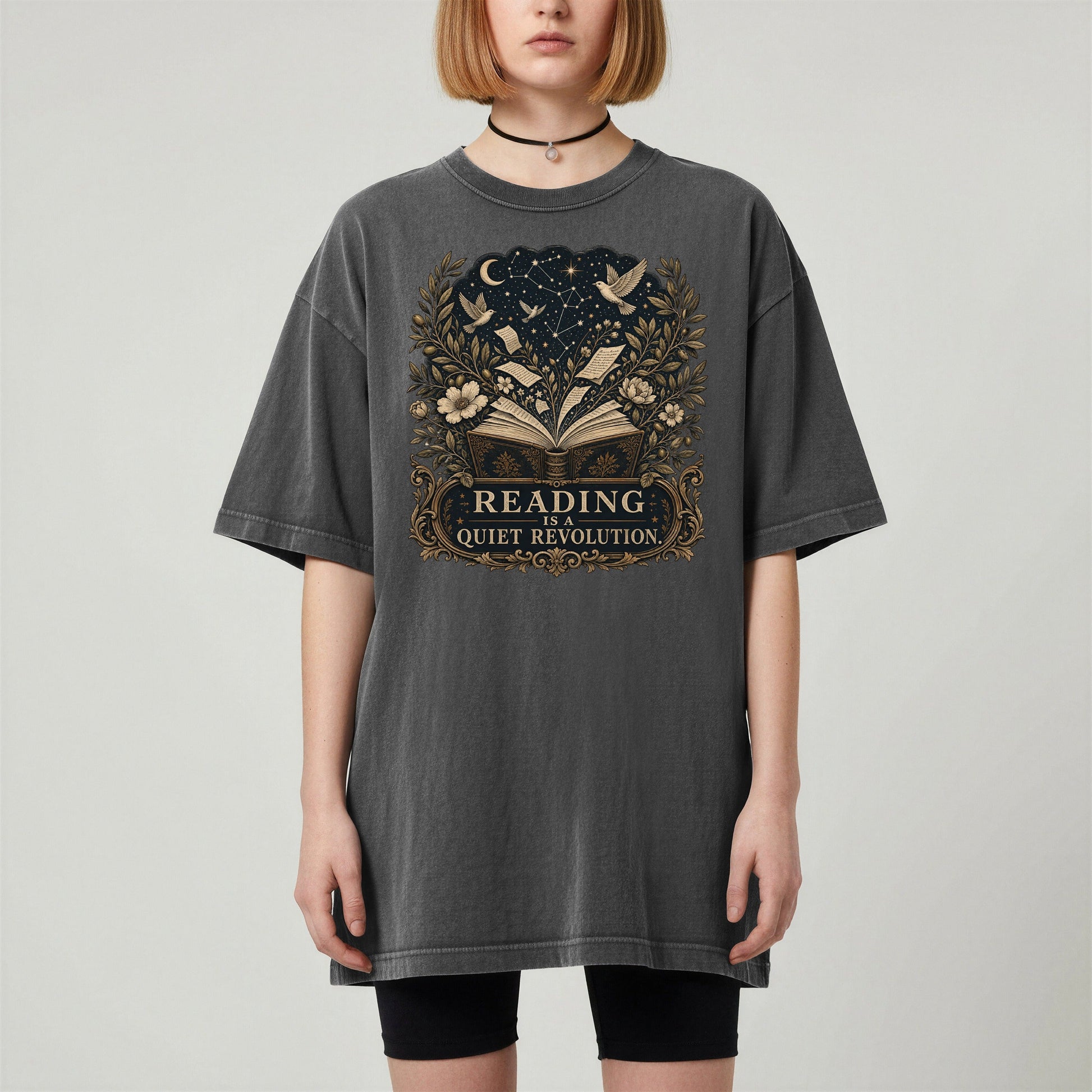 Reading Is a Quiet Revolution bookish tee in Pepper, worn