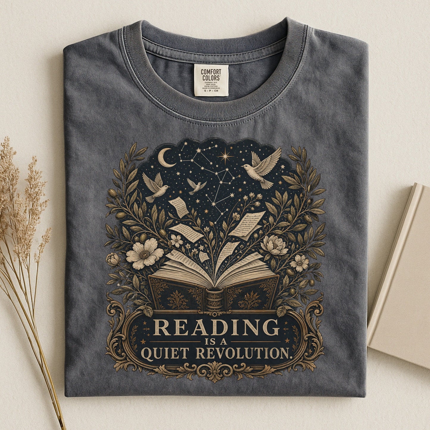 Reading Is a Quiet Revolution bookish tee in Pepper, flat lay