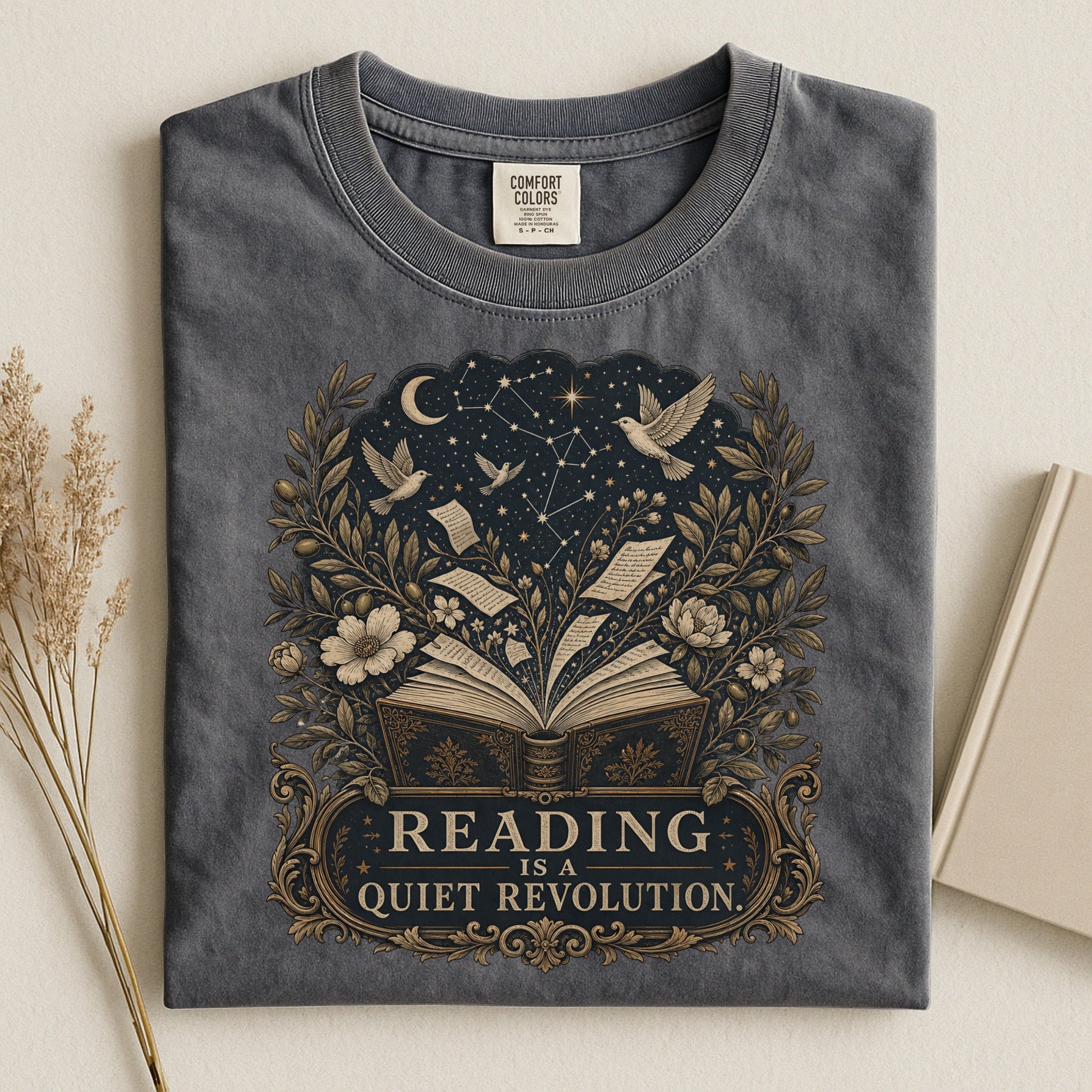 Reading Is a Quiet Revolution bookish tee in Pepper, flat lay