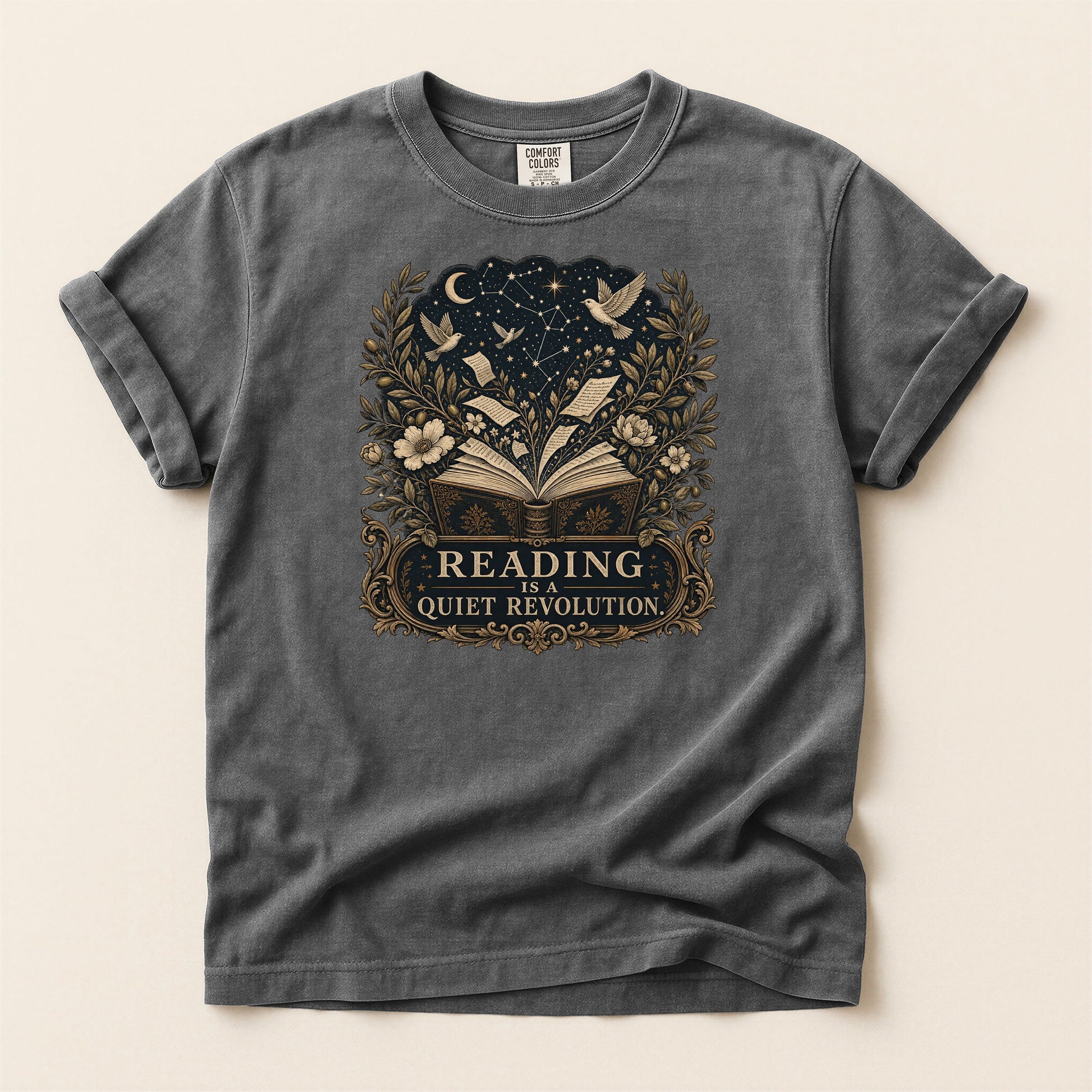 Reading Is a Quiet Revolution bookish tee in Pepper, full flat