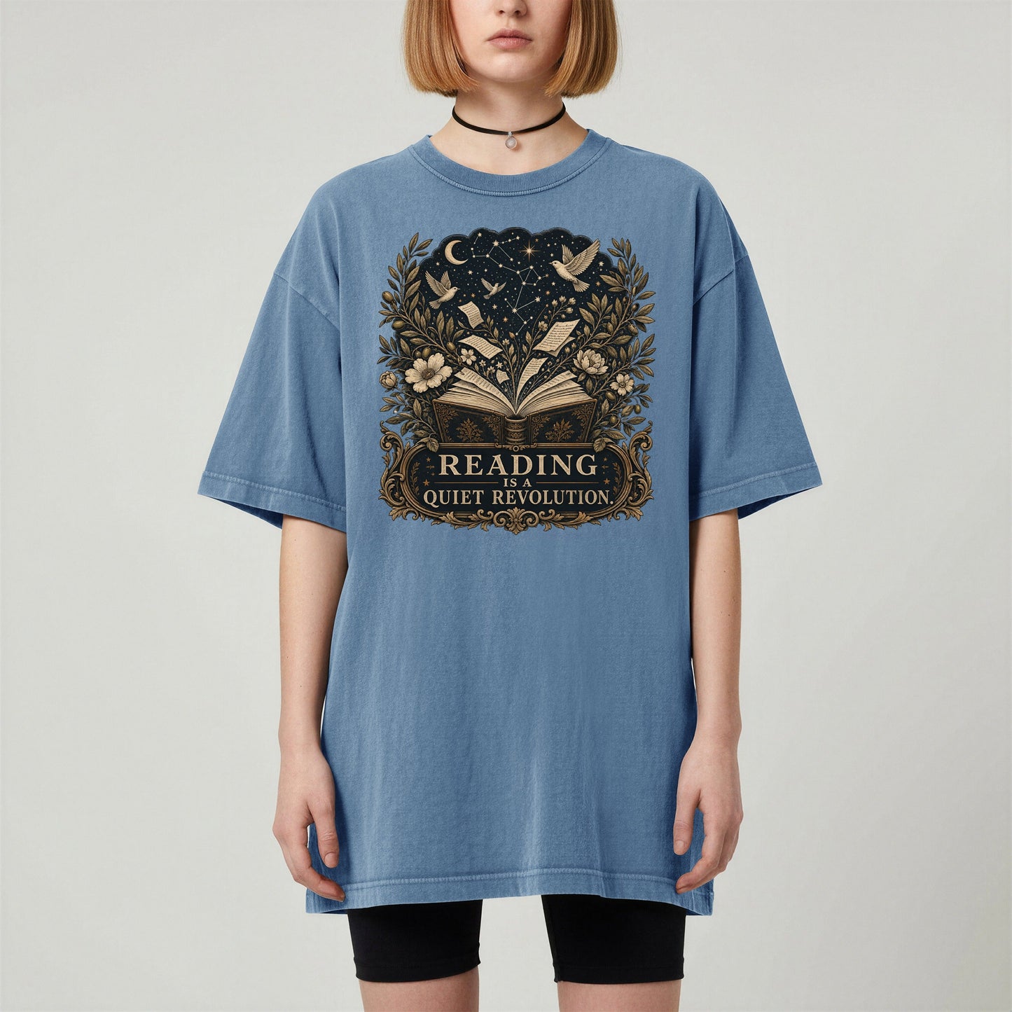 Reading Is a Quiet Revolution bookish tee in Blue Jean, worn