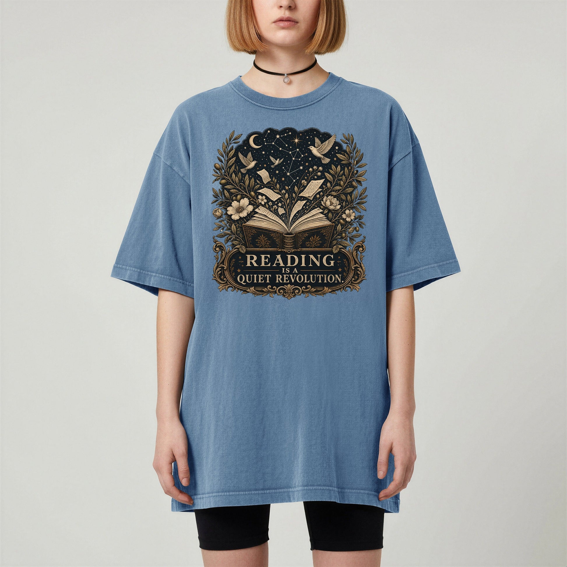 Reading Is a Quiet Revolution bookish tee in Blue Jean, worn