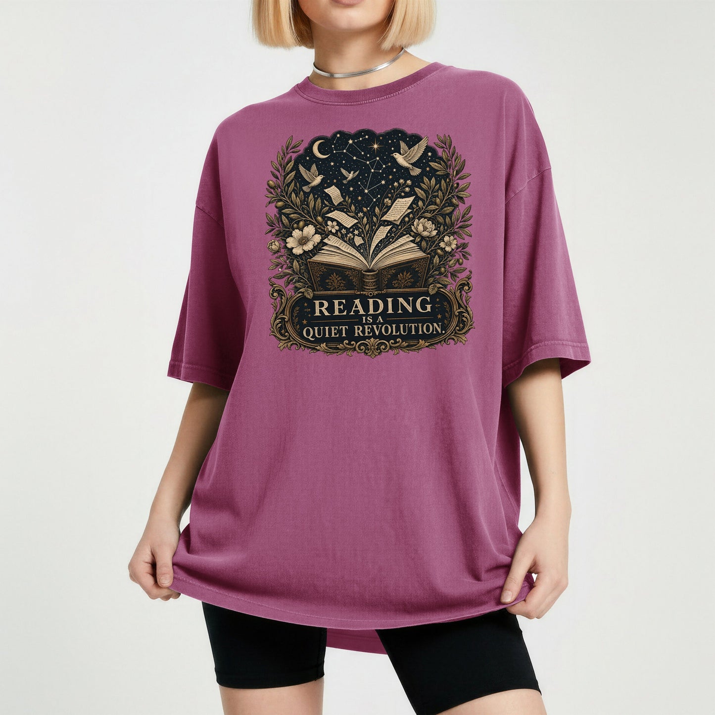 Reading Is a Quiet Revolution bookish tee in Berry, worn