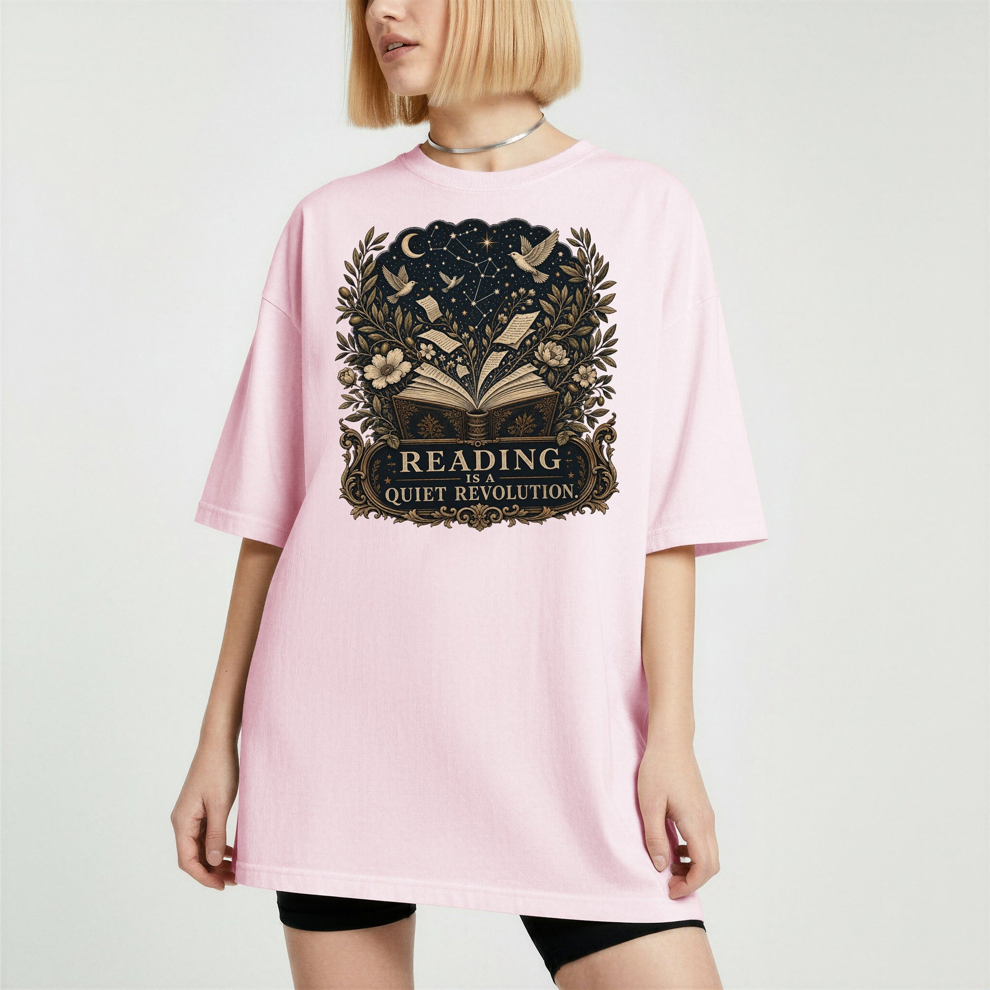 Reading Is a Quiet Revolution bookish tee in Blossom, worn