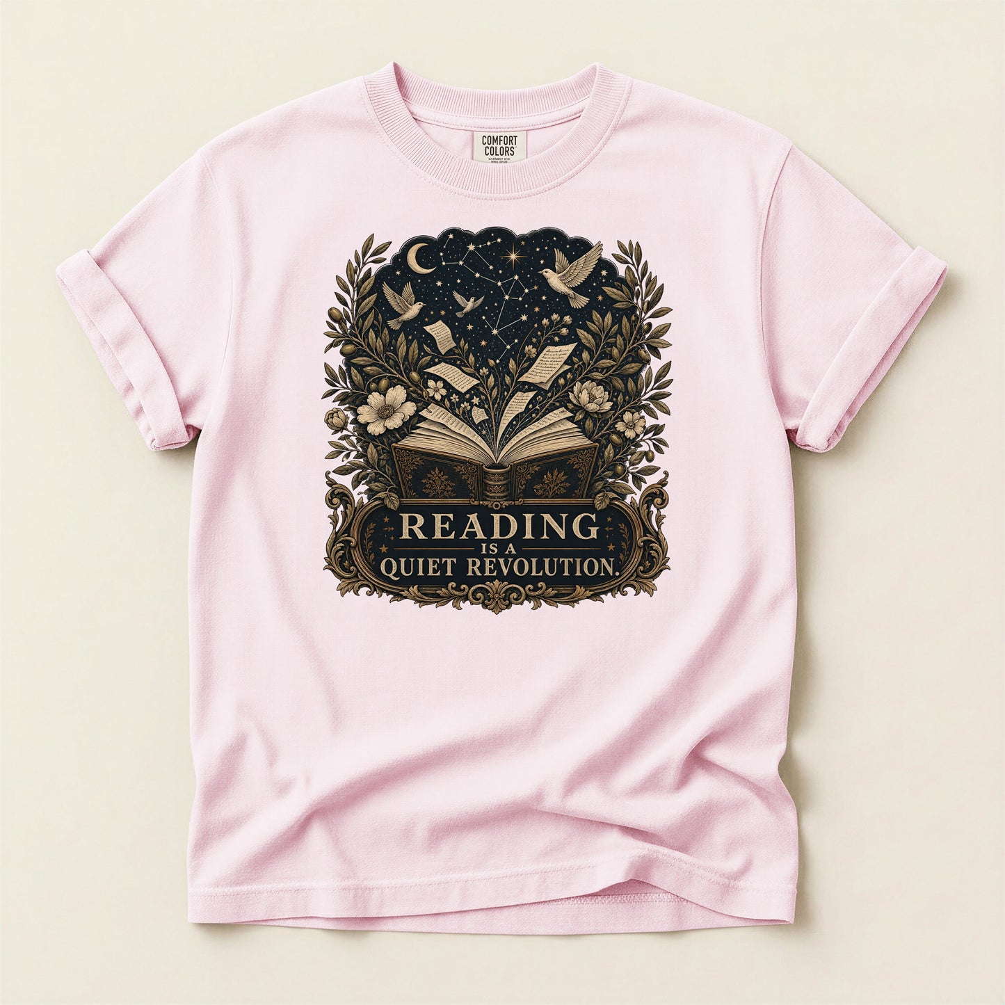 Reading Is a Quiet Revolution bookish tee in Blossom, full flat