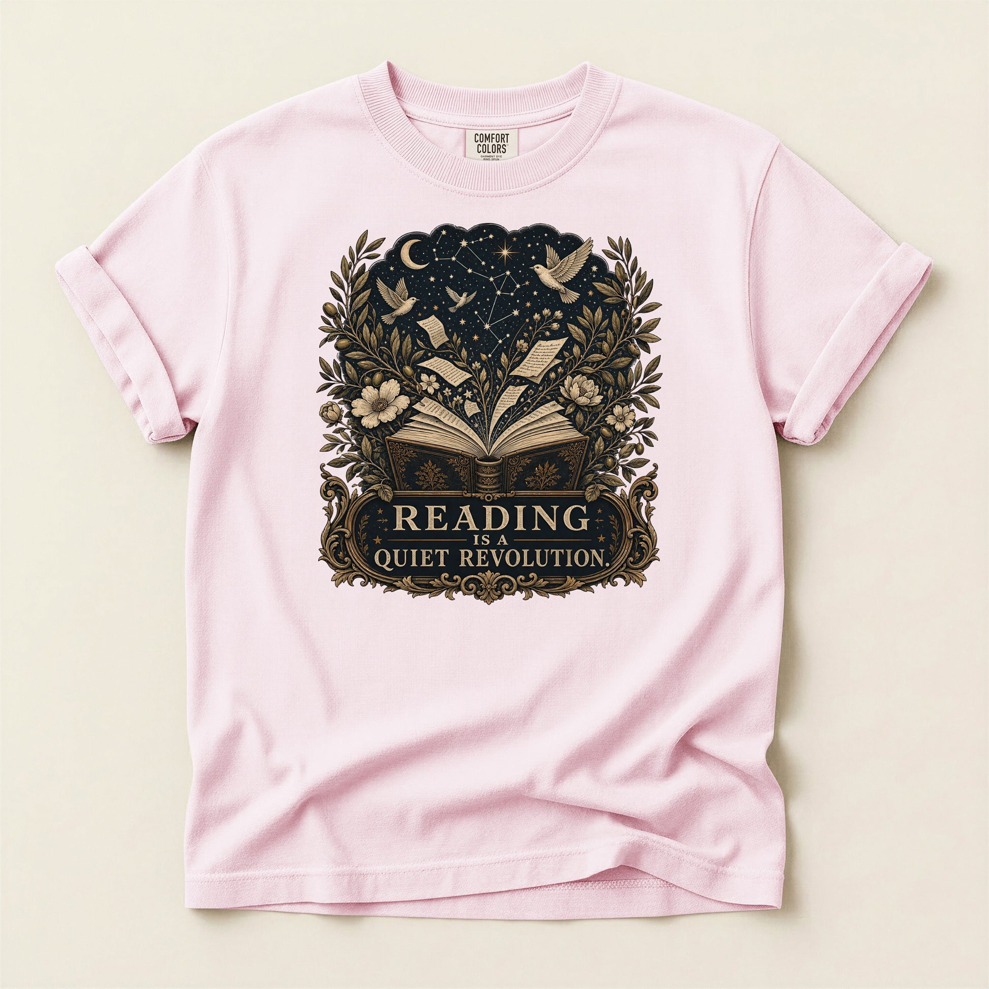 Reading Is a Quiet Revolution bookish tee in Blossom, full flat