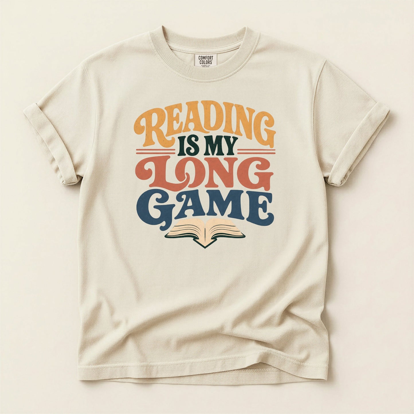 Reading Is My Long Game bookish tee in Ivory, full flat